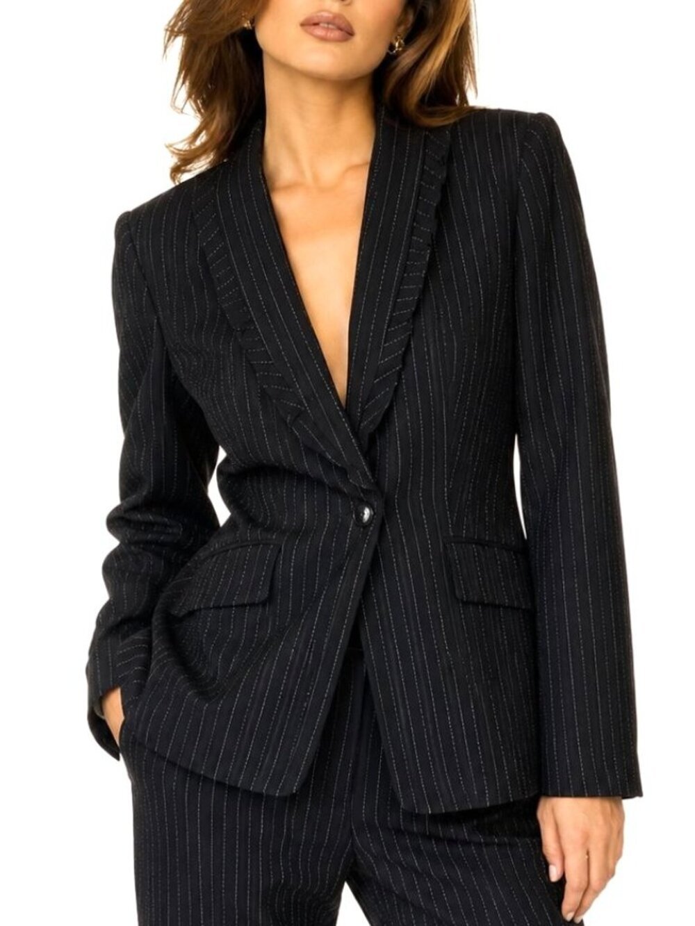 Vintage Escada Wool Blazer Tailored Pink Pinstripe Ruffle Collar Jacket